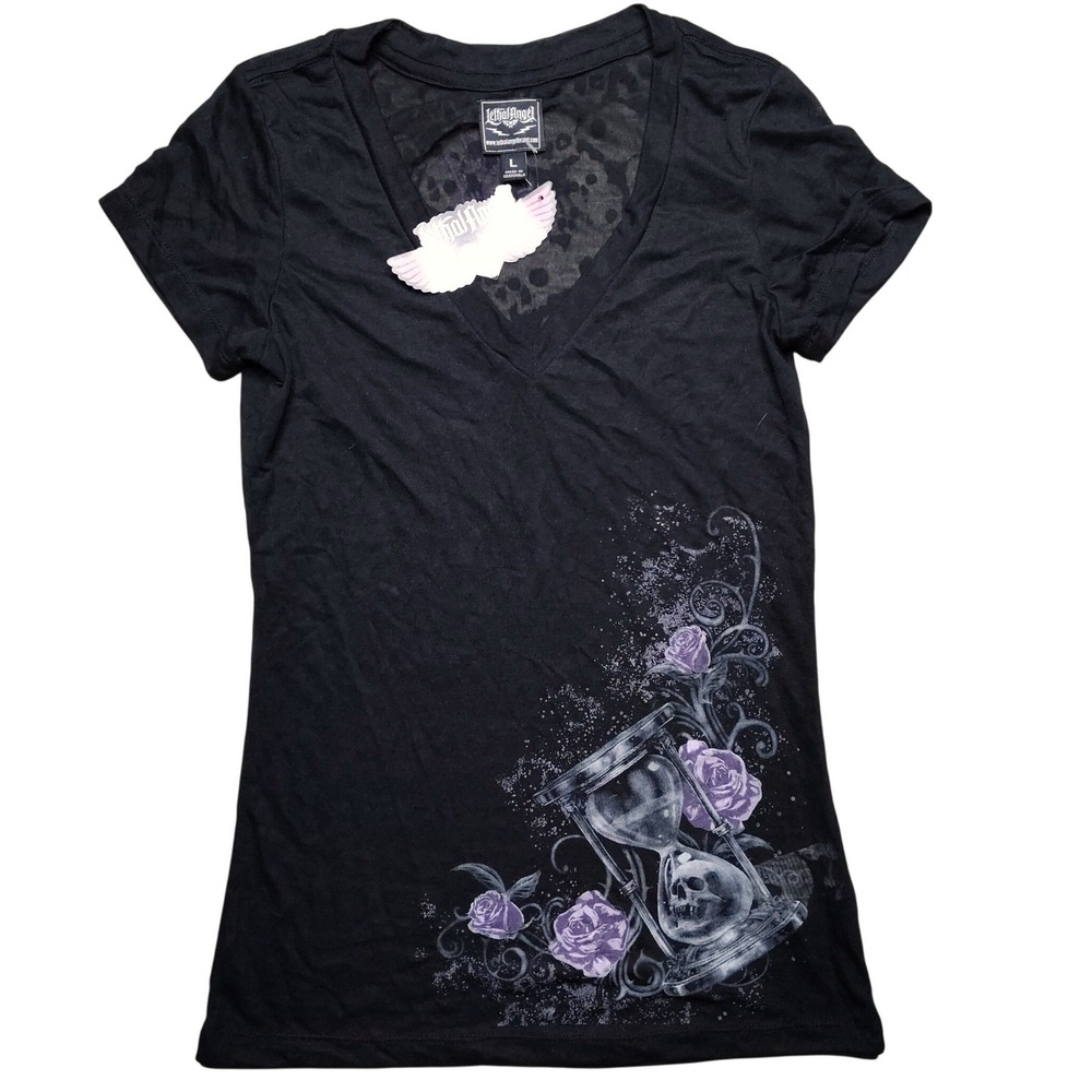 Lethal Angel Shirt Womens Size Large Hour Glass Black Purple Roses Sheer Goth